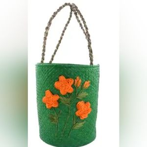 Green Embroidered with Floral Handmade Pandan Woven Basket Bag